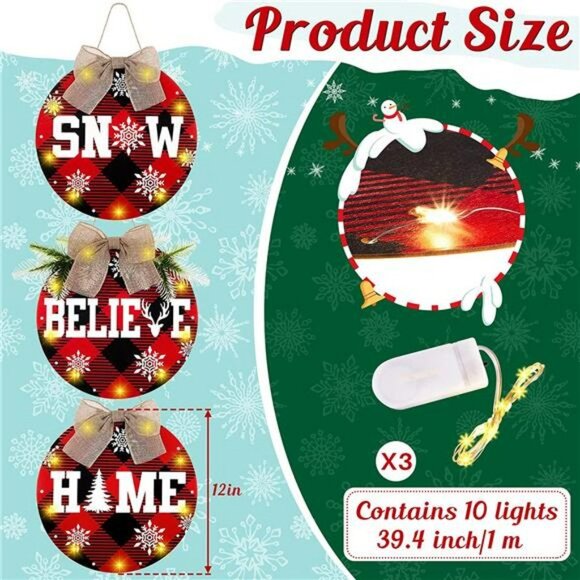 3 Pcs Christmas Buffalo Plaid Wreath Decoration LED Lights Hanging Sign Wooden - Picture 2 of 7